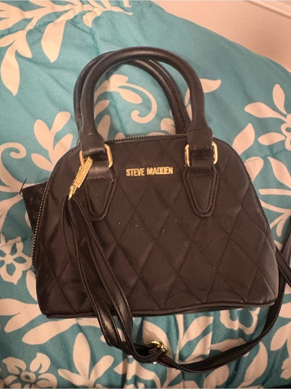 Steve Madden Black Quilted Dome Satchel with Gold Hardware